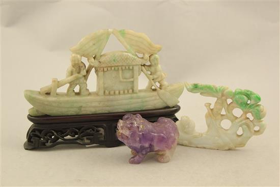 Two Chinese jadeite carvings and an amethyst quartz figure of a lion-dog, 20th century, 6.2cm